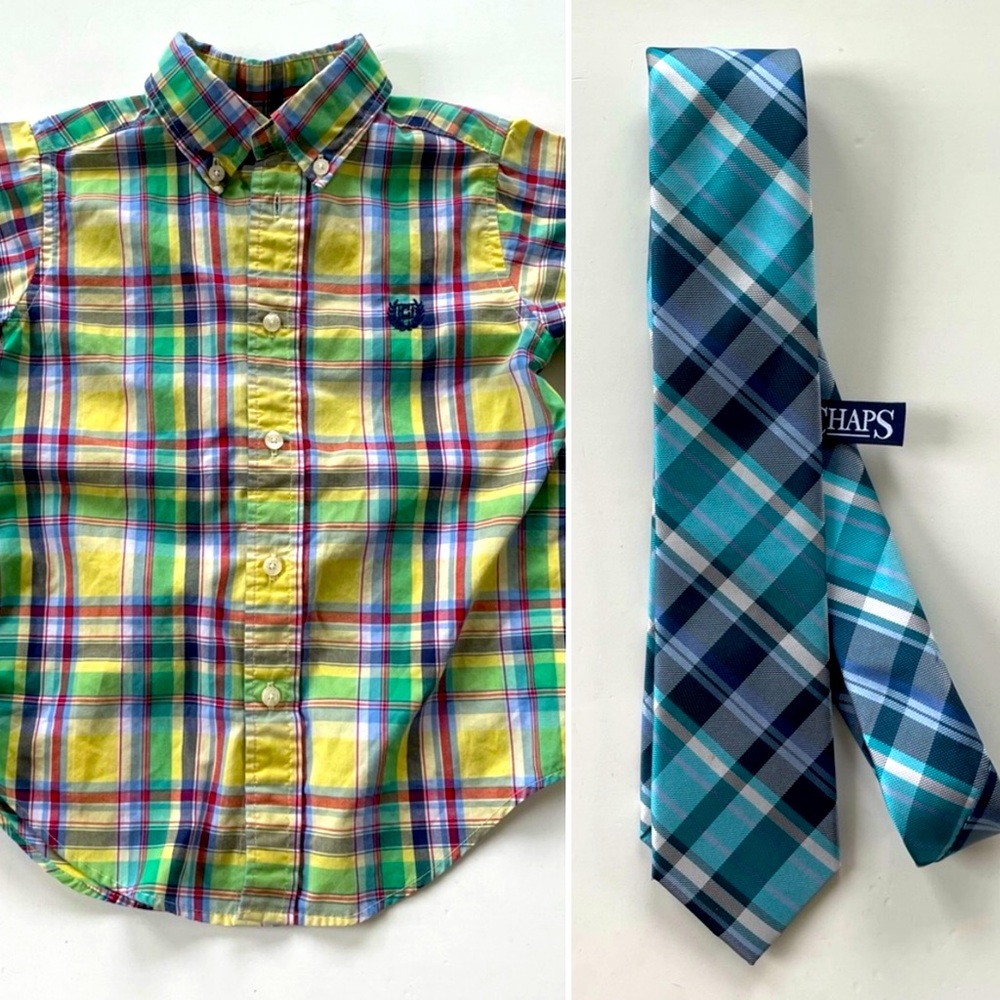 Set/2 Chaps Bundle Yellow Blue Plaid Poplin Short Sleeve Button Down Shirt & Tie